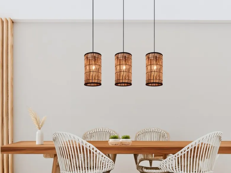 Pendelleuchte SARA 3-flammig mit Lampenschirmen aus Rattan, Breite 80cm