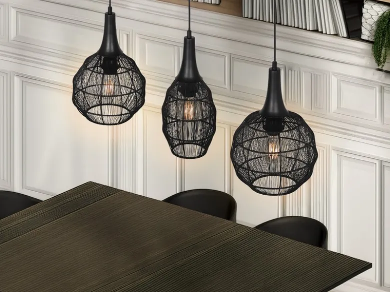 Pendelleuchte SORAYA 3-flammig mit Drahtgeflecht Schwarz, Breite 86cm