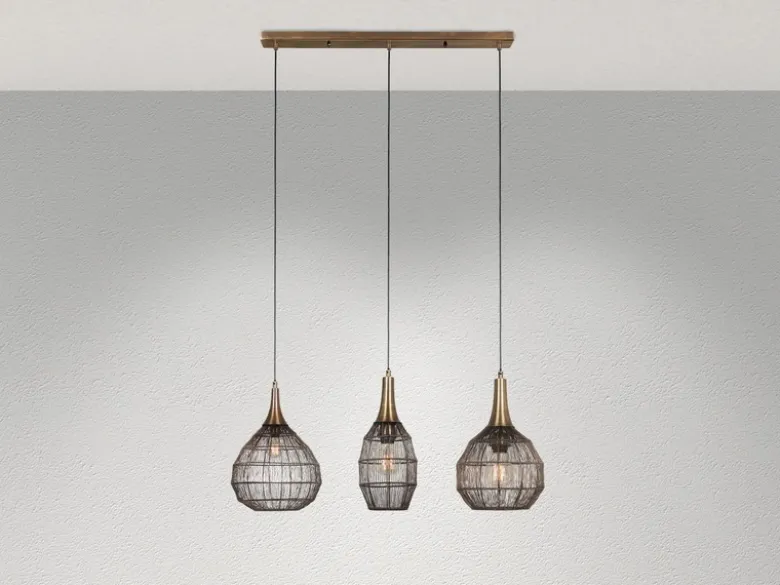 Pendelleuchte SORAYA 3-flammig mit Drahtgeflecht Altmessing, Breite 86cm