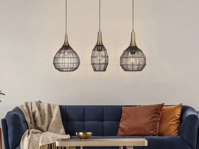 Pendelleuchte SORAYA 3-flammig mit Drahtgeflecht Altmessing, Breite 86cm