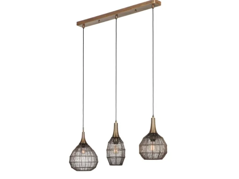 Pendelleuchte SORAYA 3-flammig mit Drahtgeflecht Altmessing, Breite 86cm