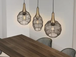 Pendelleuchte SORAYA 3-flammig mit Drahtgeflecht Altmessing, Breite 86cm