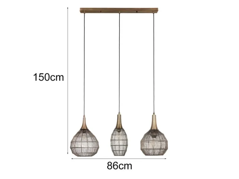 Pendelleuchte SORAYA 3-flammig mit Drahtgeflecht Altmessing, Breite 86cm