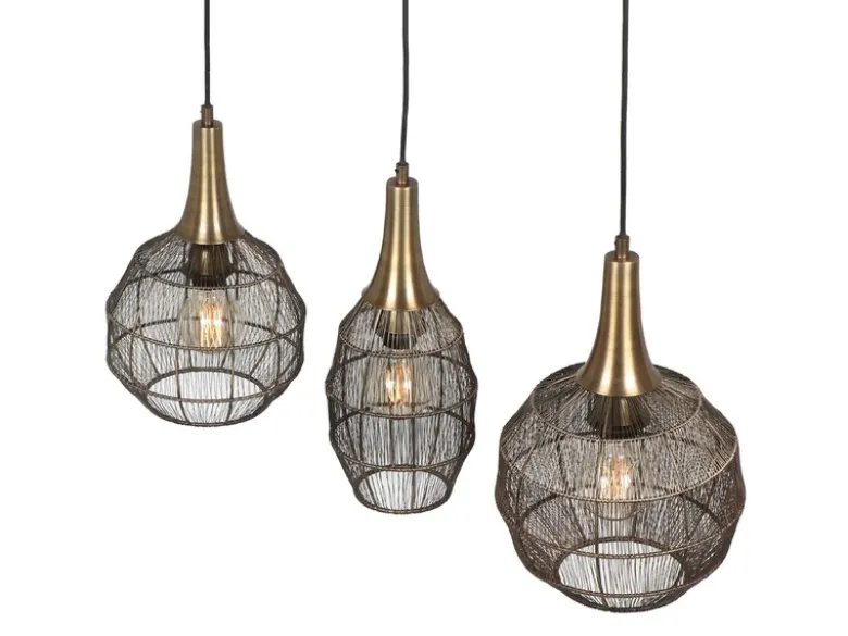 Pendelleuchte SORAYA 3-flammig mit Drahtgeflecht Altmessing, Breite 86cm