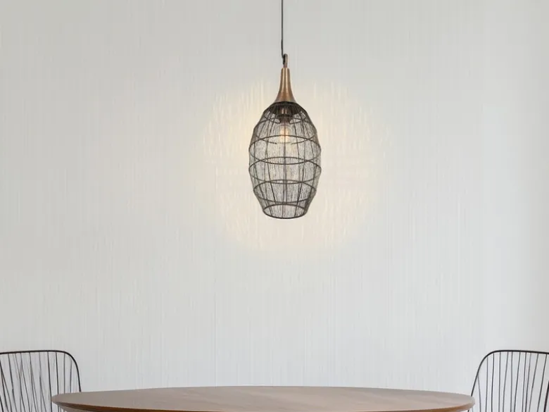 Pendelleuchte SORAYA mit Drahtgeflecht Lampenschirm Oval Altmessing, Ø 26cm