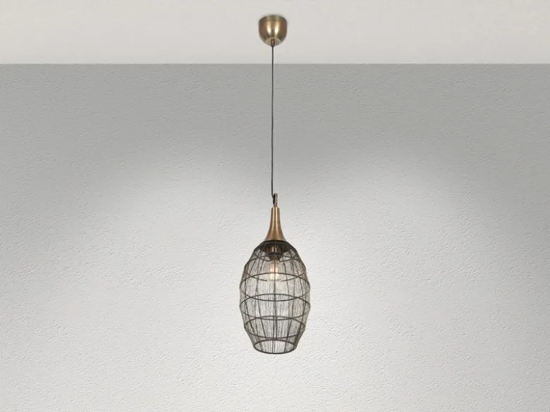 Pendelleuchte SORAYA mit Drahtgeflecht Lampenschirm Oval Altmessing, Ø 26cm