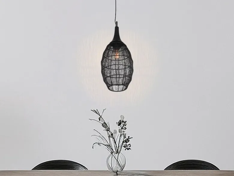 Pendelleuchte SORAYA mit Drahtgeflecht Lampenschirm Oval Schwarz, Ø 26cm