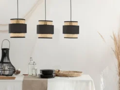 Pendelleuchte TAPE 3-flammig, Rattan Lampenschirme mit Stoff, Breite 74cm