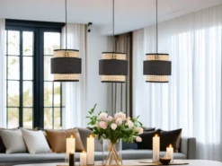 Pendelleuchte TAPE 3-flammig, Rattan Lampenschirme mit Stoff, Breite 74cm