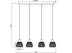 Pendelleuchte TARIFA 4-flammig mit Glasschirmen Chrom bedampft, Breite 90cm