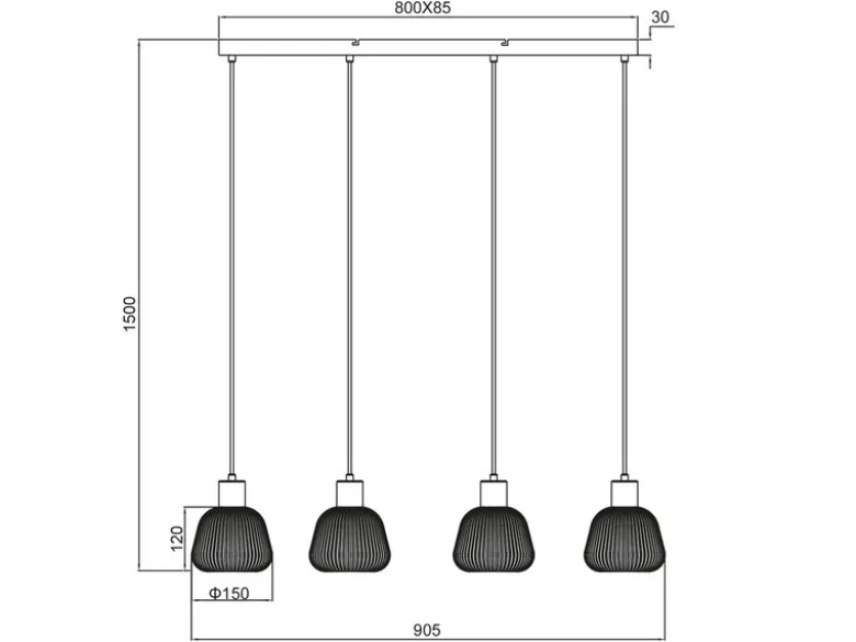 Pendelleuchte TARIFA 4-flammig mit Glasschirmen Chrom bedampft, Breite 90cm