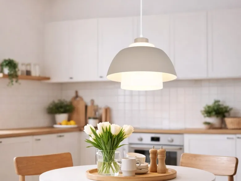 Pendelleuchte TILOS skandinavisch mit Metall- & Glasschirm Beige Weiß Ø 30cm