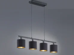Pendelleuchte TOMMY 4-flammig Stoff Lampenschirme Schwarz Gold, Breite 75cm