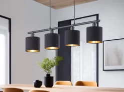 Pendelleuchte TOMMY 4-flammig Stoff Lampenschirme Schwarz Gold, Breite 75cm