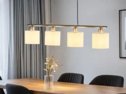 Pendelleuchte TOMMY 4-flammig Lampenschirme Stoff Weiß, Breite 75cm
