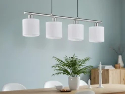 Pendelleuchte TOMMY 4-flammig Lampenschirme Stoff Weiß, Breite 75cm
