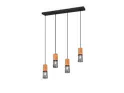 Pendelleuchte TOSH 4 Draht Lampenschirme Schwarz & Holz, Breite 65cm