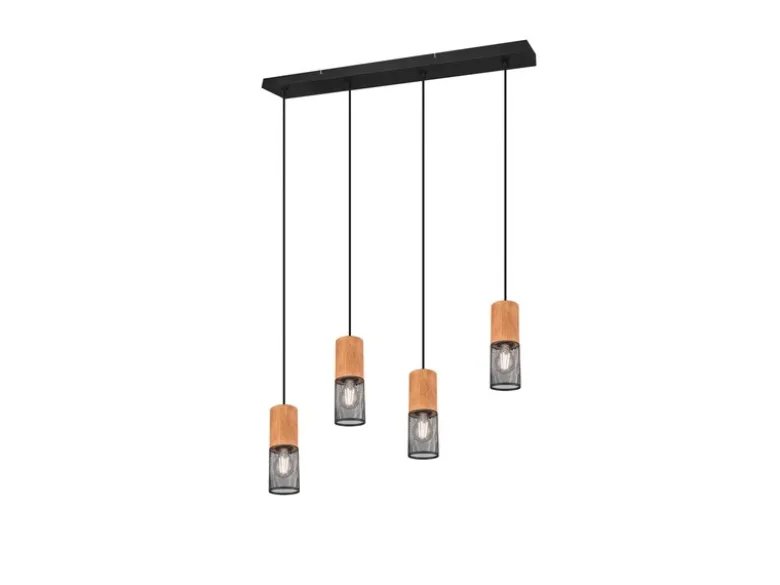 Pendelleuchte TOSH 4 Draht Lampenschirme Schwarz & Holz, Breite 65cm