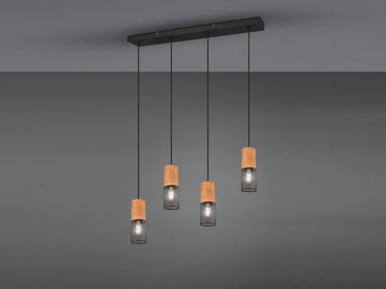 Pendelleuchte TOSH 4 Draht Lampenschirme Schwarz & Holz, Breite 65cm