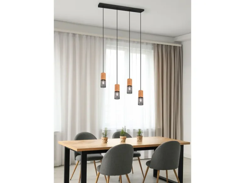 Pendelleuchte TOSH 4 Draht Lampenschirme Schwarz & Holz, Breite 65cm