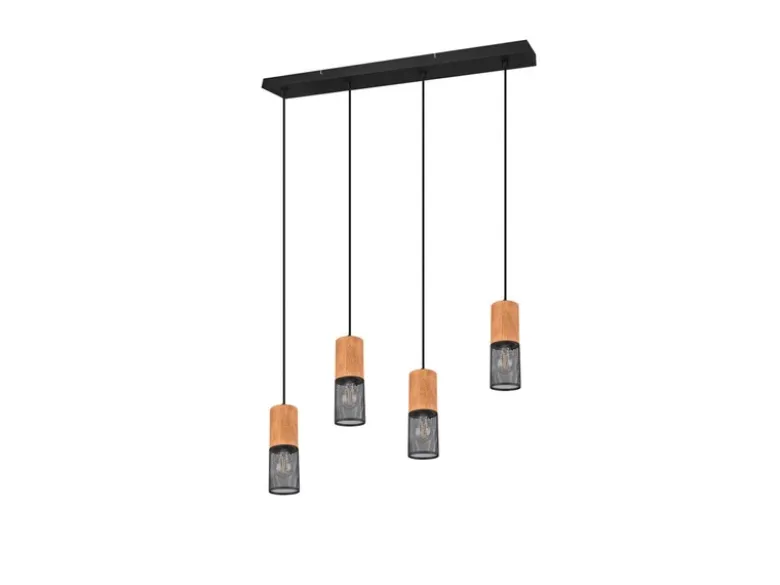 Pendelleuchte TOSH 4 Draht Lampenschirme Schwarz & Holz, Breite 65cm