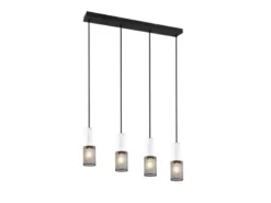 Pendelleuchte TOSH 4-flammig mit Holz Weiß und Drahtgeflecht, Breite 65cm
