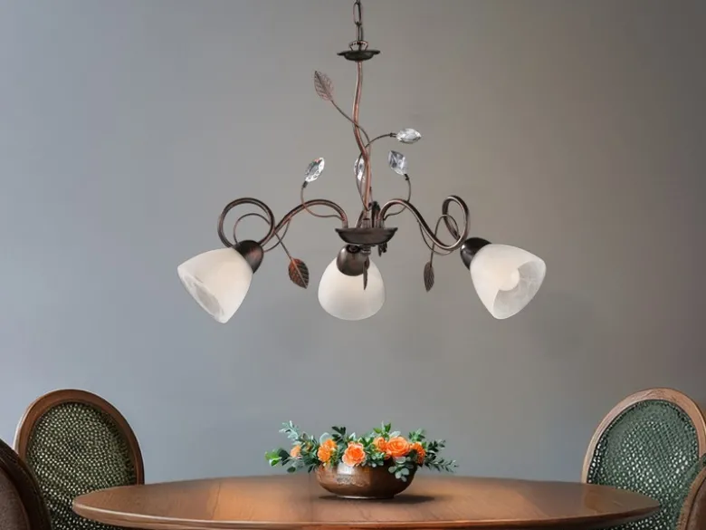 Pendelleuchte TRADITIO 3-flammig mit Glasschirmen und Kristalldeko, Ø 70cm