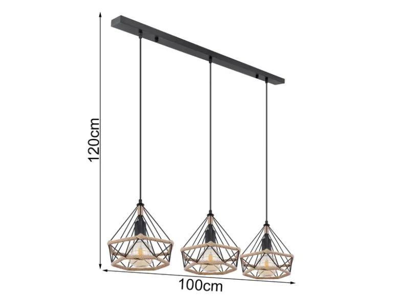 Pendelleuchte ULLEU 3-flammig mit Hanfseil und Drahtgestell, Breite 100cm
