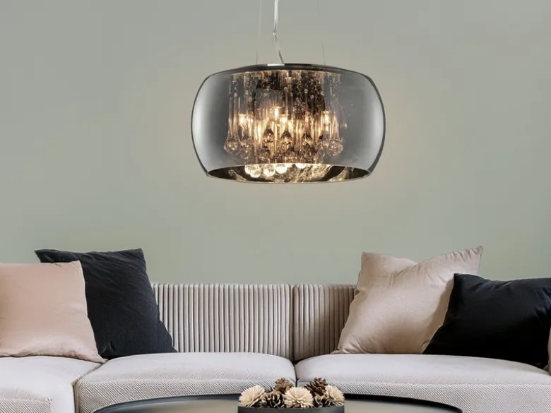 Pendelleuchte VAPORE mit Glas Chrom in Rauchglas Optik & Kristallbehang Ø 40cm
