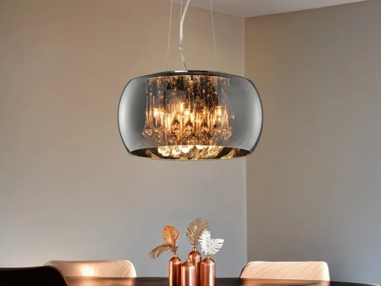 Pendelleuchte VAPORE mit Glas Chrom in Rauchglas Optik & Kristallbehang Ø 40cm