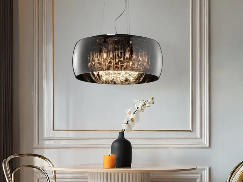 Pendelleuchte VAPORE mit Glas Chrom in Rauchglas Optik & Kristallbehang Ø 50cm