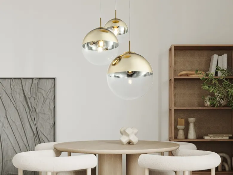 Pendelleuchte VARUS 3-flammig Glaskugeln Design in Gold & Klarglas, Ø 51cm