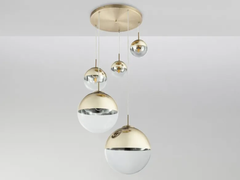 Pendelleuchte VARUS 5-flammig Glaskugeln Design in Gold & Klarglas, Ø 65cm