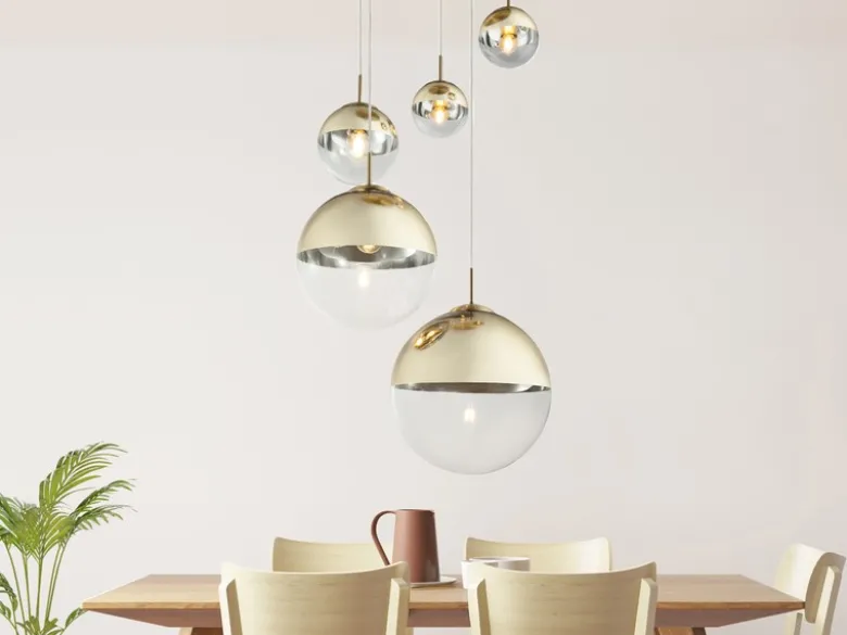 Pendelleuchte VARUS 5-flammig Glaskugeln Design in Gold & Klarglas, Ø 65cm