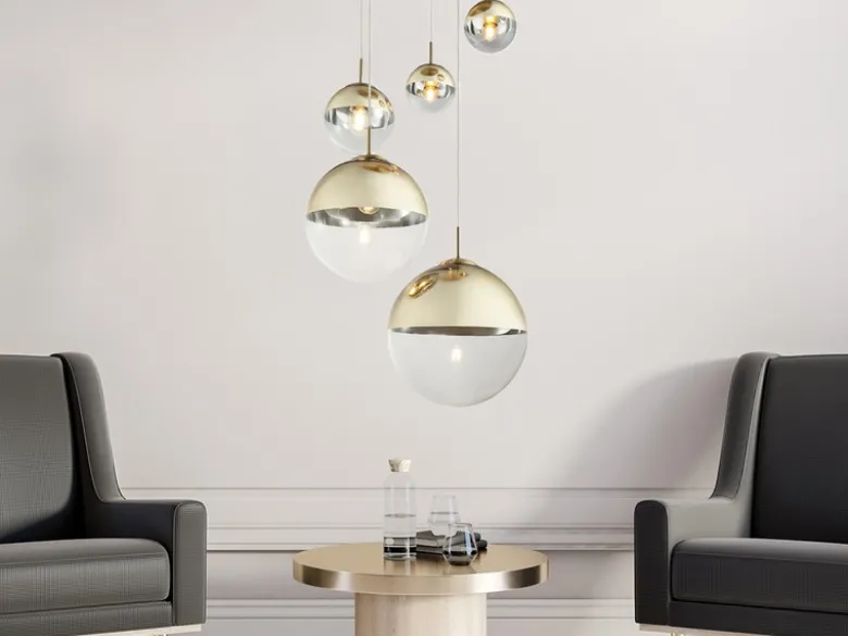 Pendelleuchte VARUS 5-flammig Glaskugeln Design in Gold & Klarglas, Ø 65cm