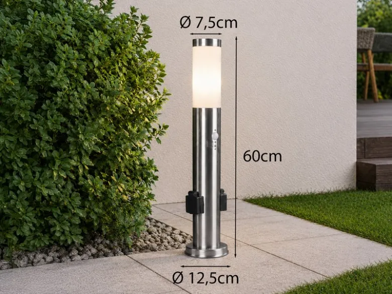 Pollerleuchte RADA aus Edelstahl mit 2 Steckdosen & Bewegungsmelder, Höhe 60cm