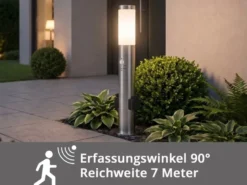 Pollerleuchte RADA aus Edelstahl mit 2 Steckdosen & Bewegungsmelder, Höhe 60cm
