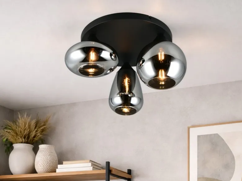 Retro LED Deckenleuchte mit 3 Glasschirmen Chrom Ø 48,5cm