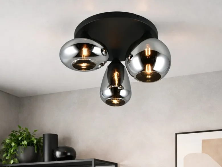 Retro LED Deckenleuchte mit 3 Glasschirmen Chrom Ø 48,5cm