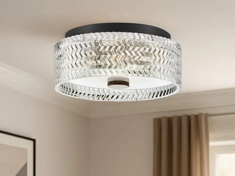 Retro LED Deckenleuchte Schwarz mit Chevron Glas Lampenschirm Ø 30,5cm