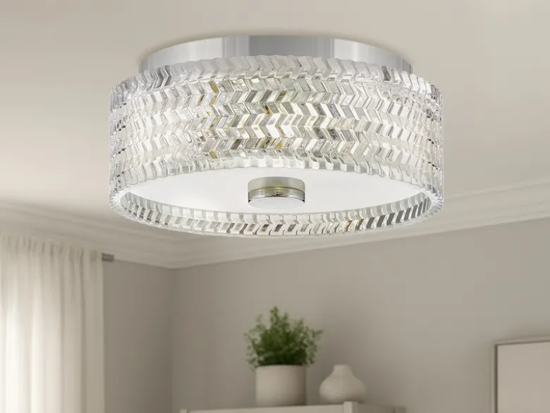 Retro LED Deckenleuchte Silber Chrom mit Chevron Glas Lampenschirm Ø 30,5cm