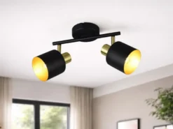 Retro LED Deckenstrahler 2-flammig aus Metall Schwarz Gold, Breite 36,5cm