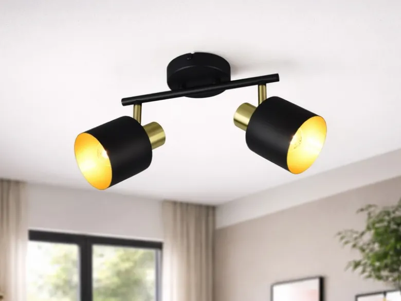 Retro LED Deckenstrahler 2-flammig aus Metall Schwarz Gold, Breite 36,5cm