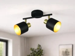 Retro LED Deckenstrahler 2-flammig aus Metall Schwarz Gold, Breite 36,5cm