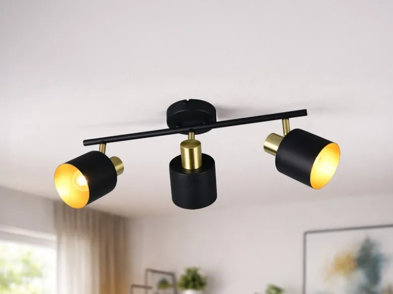 Retro LED Deckenstrahler 3-flammig aus Metall Schwarz Gold, Breite 53,5cm