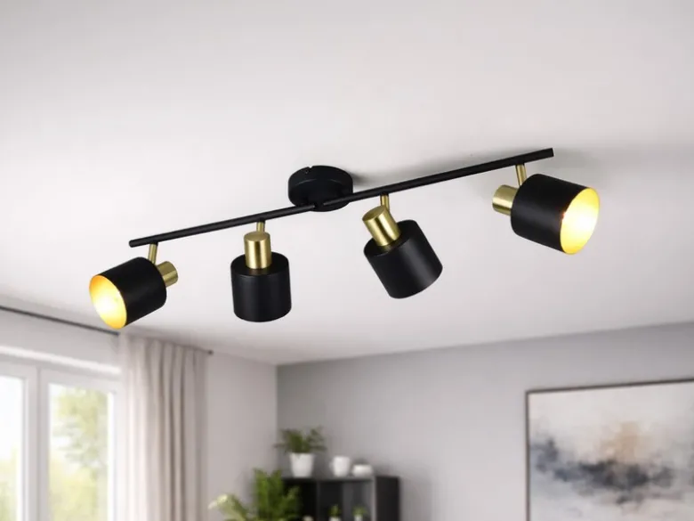 Retro LED Deckenstrahler 4-flammig aus Metall Schwarz Gold, Breite 78cm