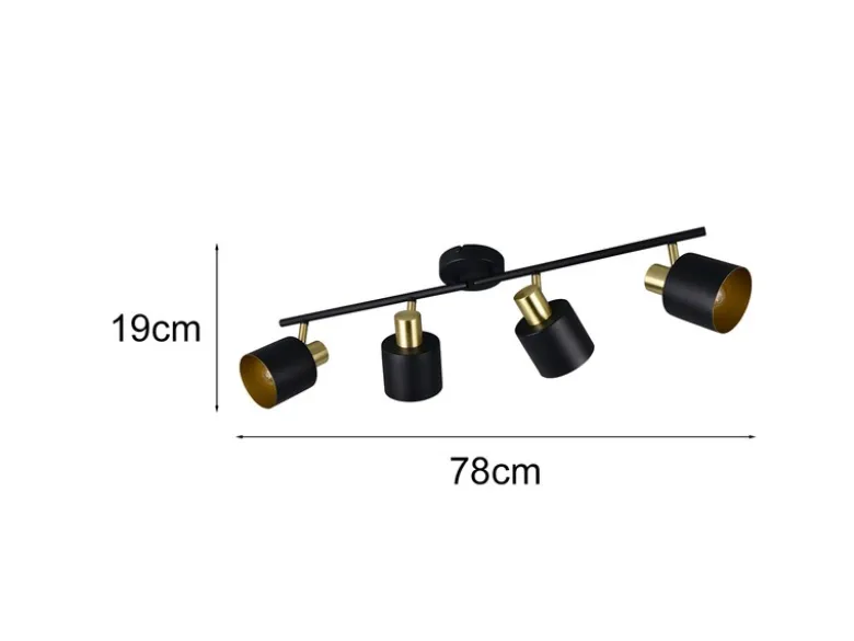 Retro LED Deckenstrahler 4-flammig aus Metall Schwarz Gold, Breite 78cm