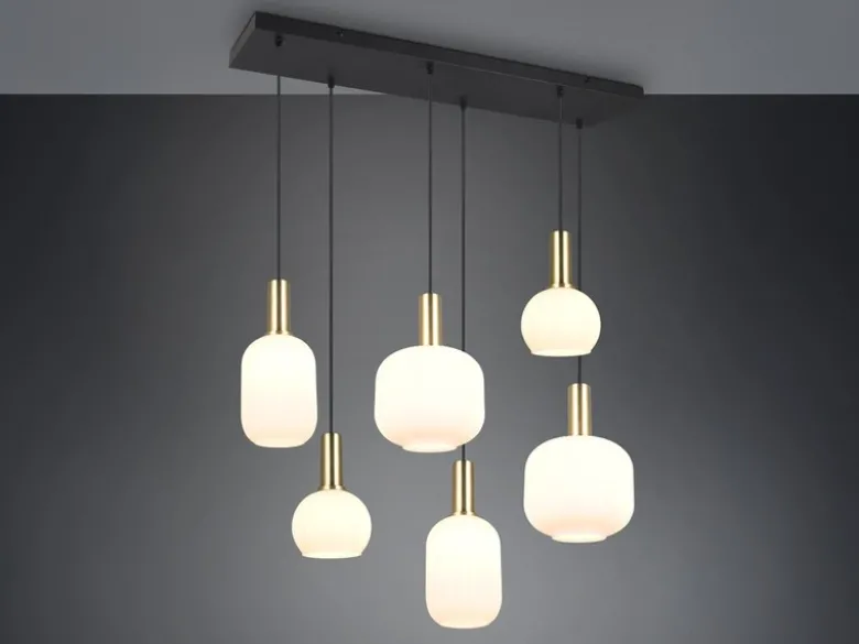 Retro LED Pendelleuchte 6-flammig mit Glasschirmen in Weiß, Breite 92cm