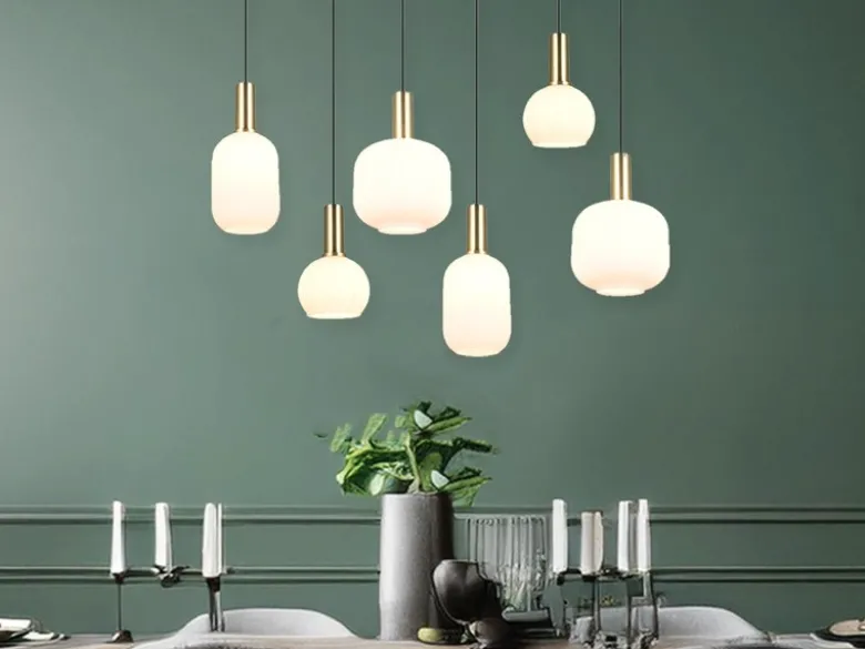 Retro LED Pendelleuchte 6-flammig mit Glasschirmen in Weiß, Breite 92cm