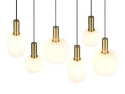 Retro LED Pendelleuchte 6-flammig mit Glasschirmen in Weiß, Breite 92cm